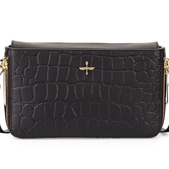 Pour La Victoire Black Yves Croco Embossed Leather Zip Clutch 👜